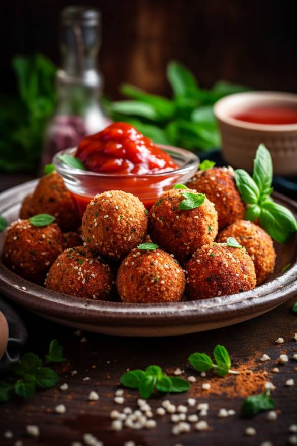 Quinoa-Bällchen mit Tomaten-Dip auf einem Teller