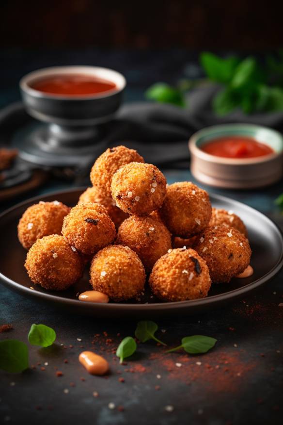 Quinoa-Bällchen mit Tomaten-Dip auf einem Teller