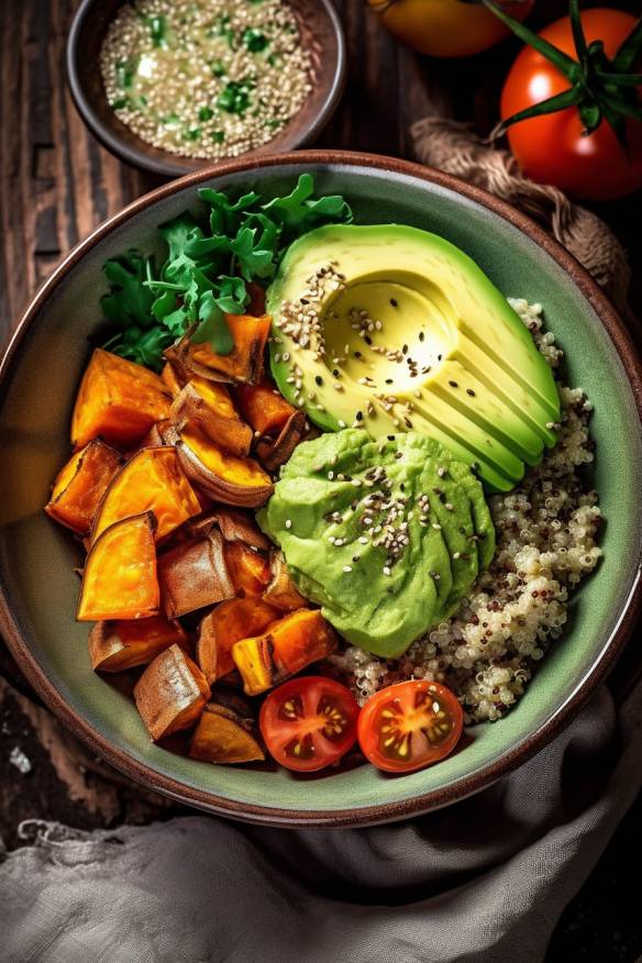 Quinoa Bowl mit gebratenen Süßkartoffeln und Avocado