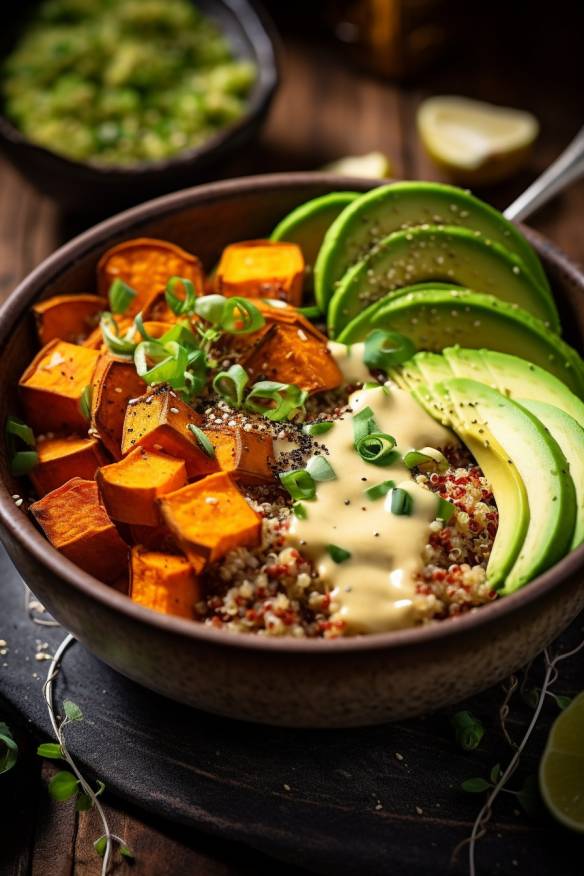 Quinoa Bowl mit gebratenen Süßkartoffeln und Avocado