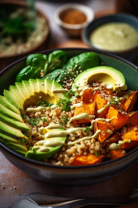 Quinoa Bowl mit gebratenen Süßkartoffeln und Avocado