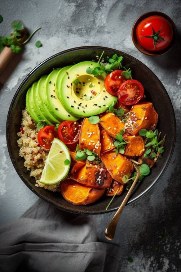 Quinoa Bowl mit gebratenen Süßkartoffeln und Avocado