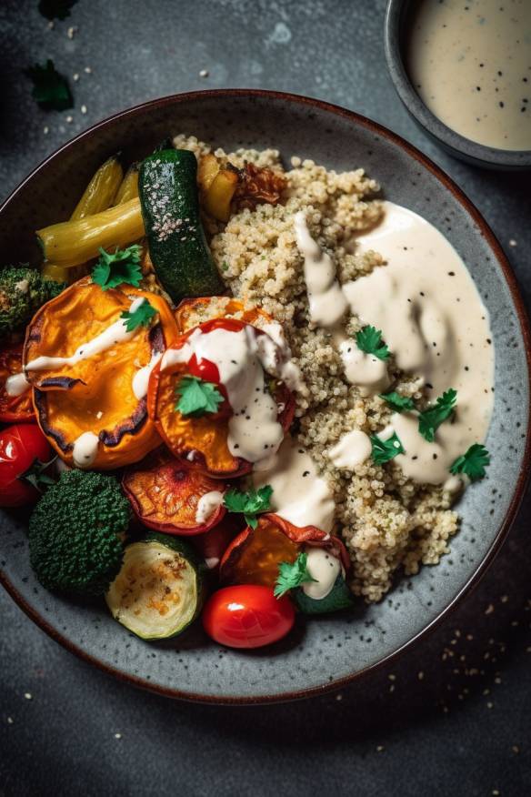 Quinoa-Bowl mit geröstetem Gemüse und Tahini-Dressing