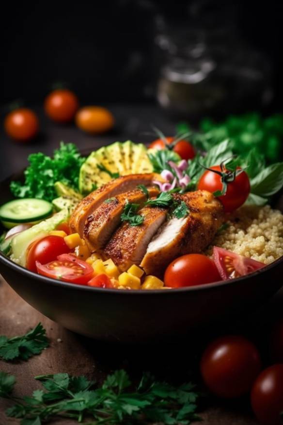 Quinoa Bowl mit Gemüse und Hähnchen