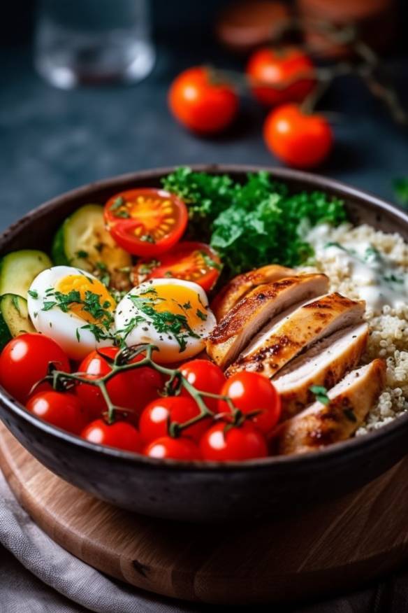 Quinoa Bowl mit Gemüse und Hähnchen