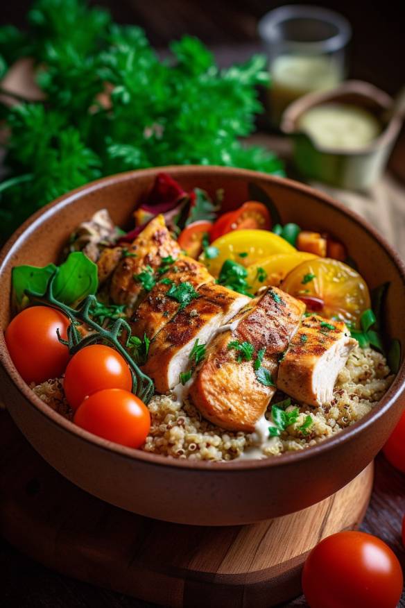 Quinoa Bowl mit Gemüse und Hähnchen