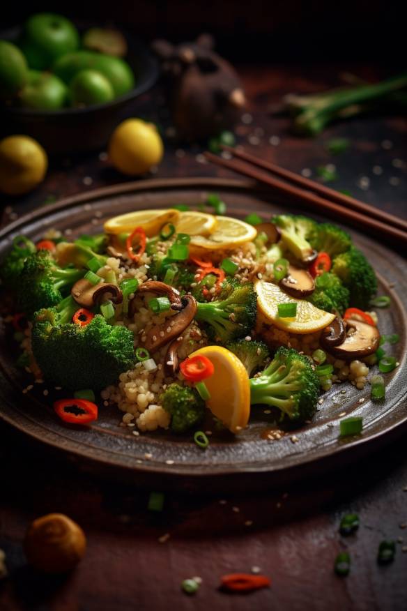 Quinoa-Pfanne mit Gemüse auf einem Teller angerichtet.