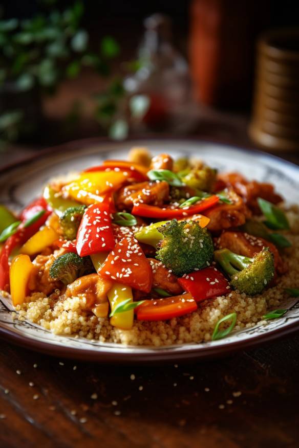 Quinoa-Pfanne mit Gemüse auf einem Teller angerichtet.