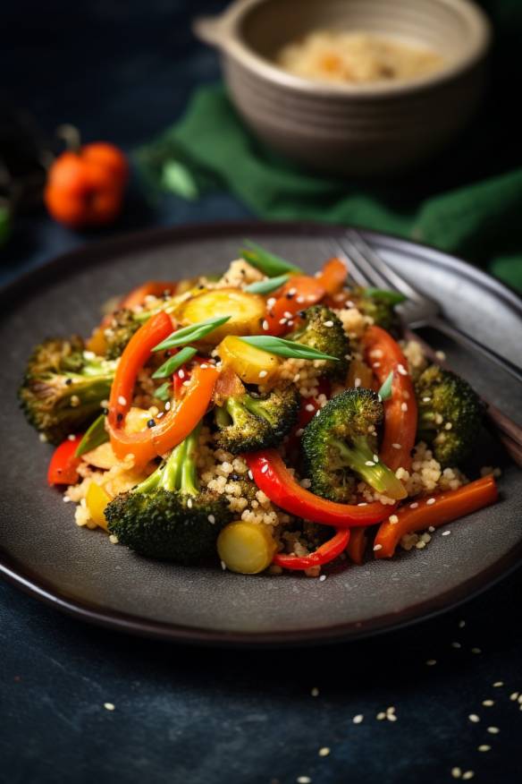 Quinoa-Pfanne mit Gemüse auf einem Teller angerichtet.