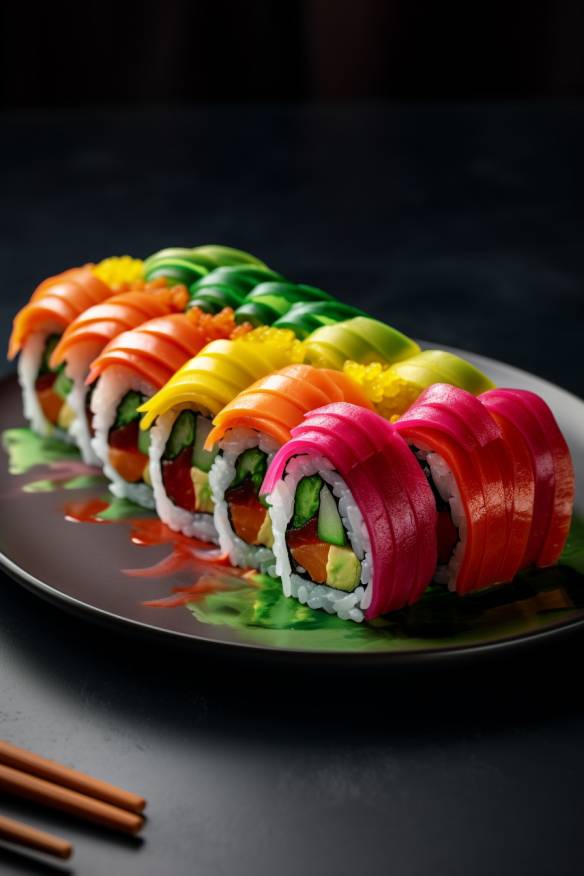 Regenbogen-Sushi auf einem Teller