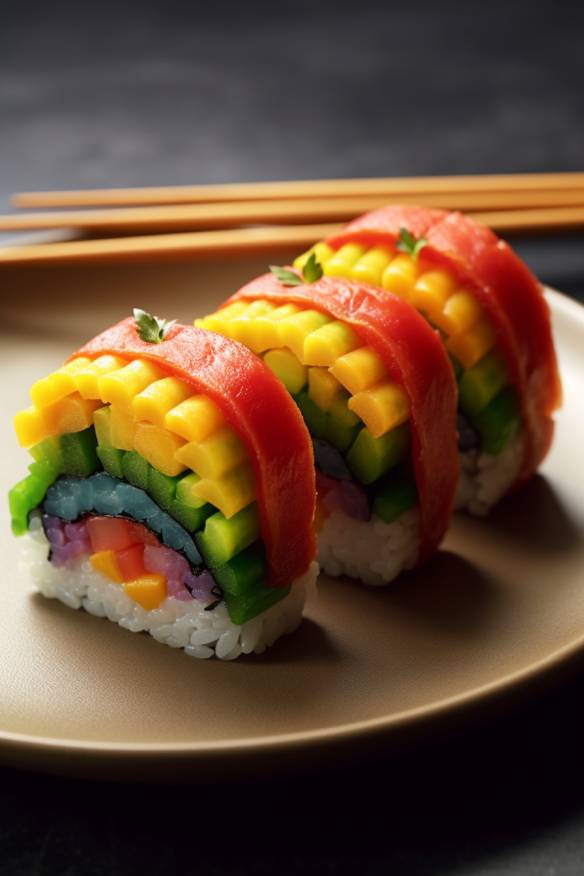 Regenbogen-Sushi auf einem Teller