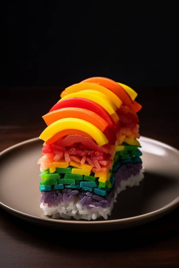 Regenbogen-Sushi auf einem Teller