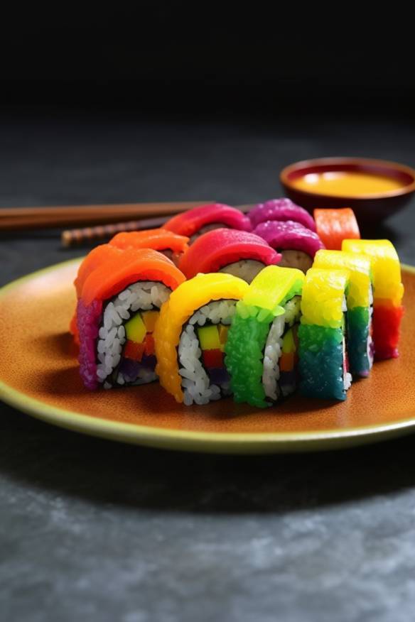 Regenbogen-Sushi auf einem Teller