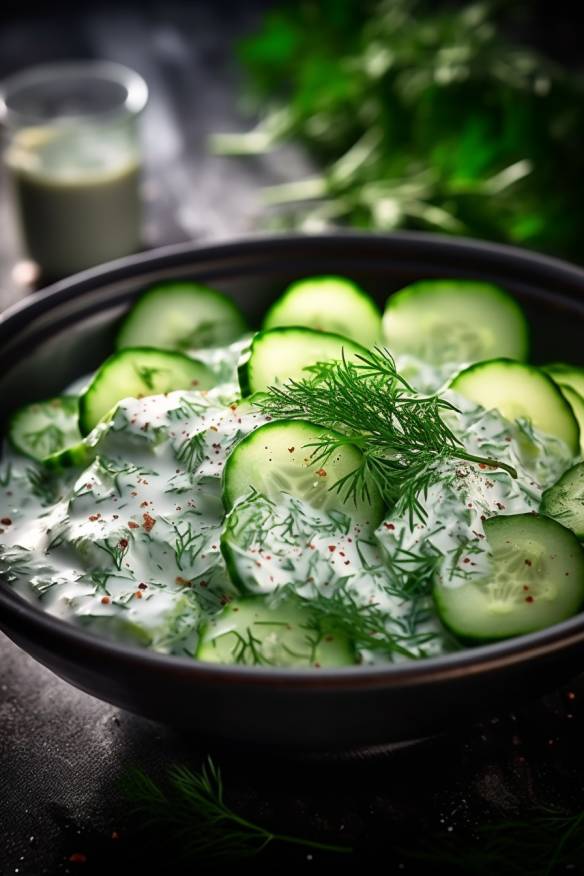 Erfrischender Gurkensalat mit Joghurtdressing.