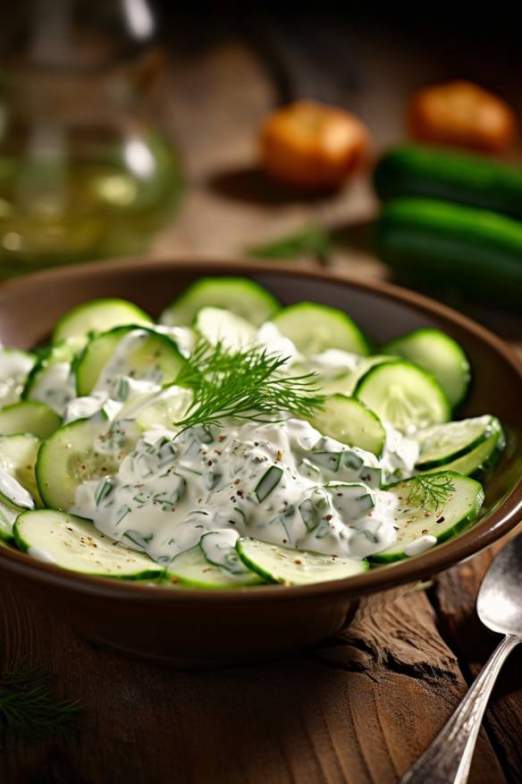 Erfrischender Gurkensalat mit Joghurtdressing.