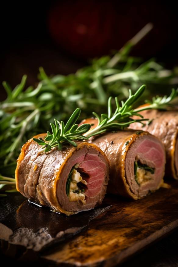 Roastbeef-Röllchen mit Frischkäse und Rucola