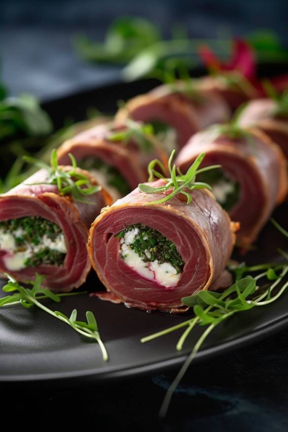 Roastbeef-Röllchen mit Frischkäse und Rucola