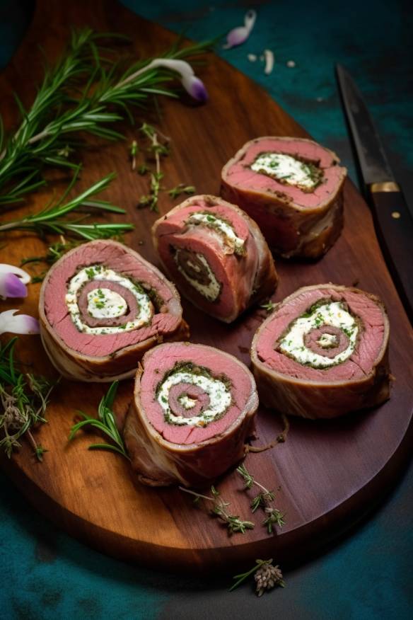 Roastbeef-Röllchen mit Frischkäse und Rucola