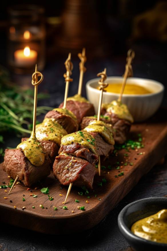 Roastbeef-Häppchen mit Senf-Dip