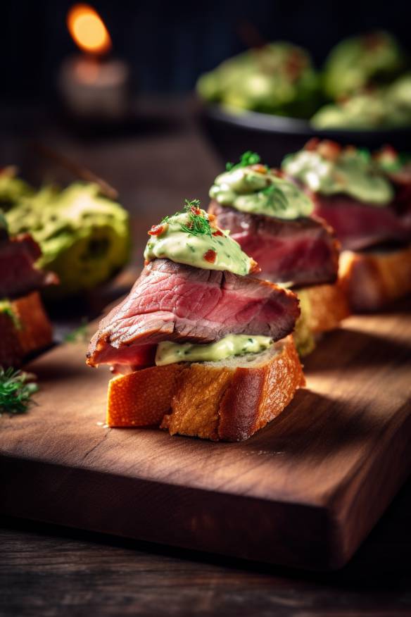 Roastbeef-Fingerfood mit Avocado-Creme auf einem Holzbrett serviert.