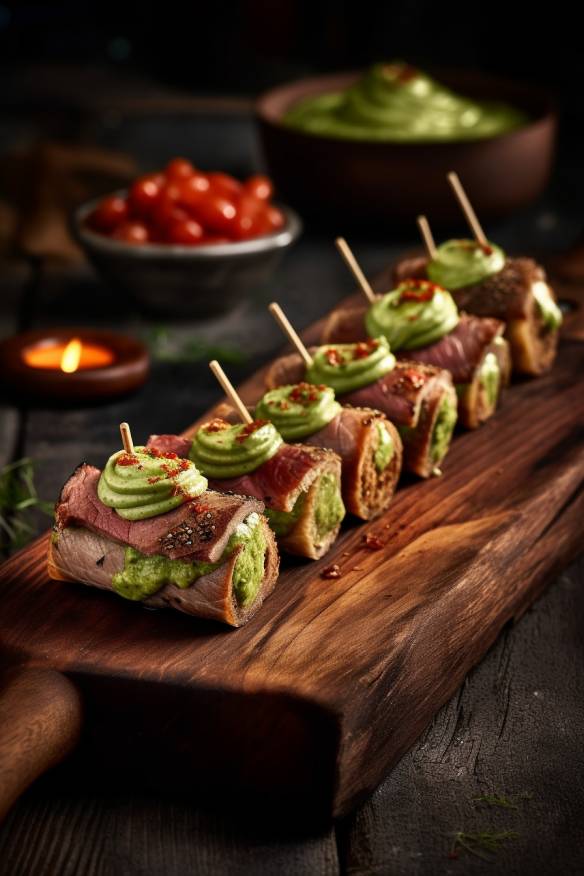 Roastbeef-Fingerfood mit Avocado-Creme auf einem Holzbrett serviert.