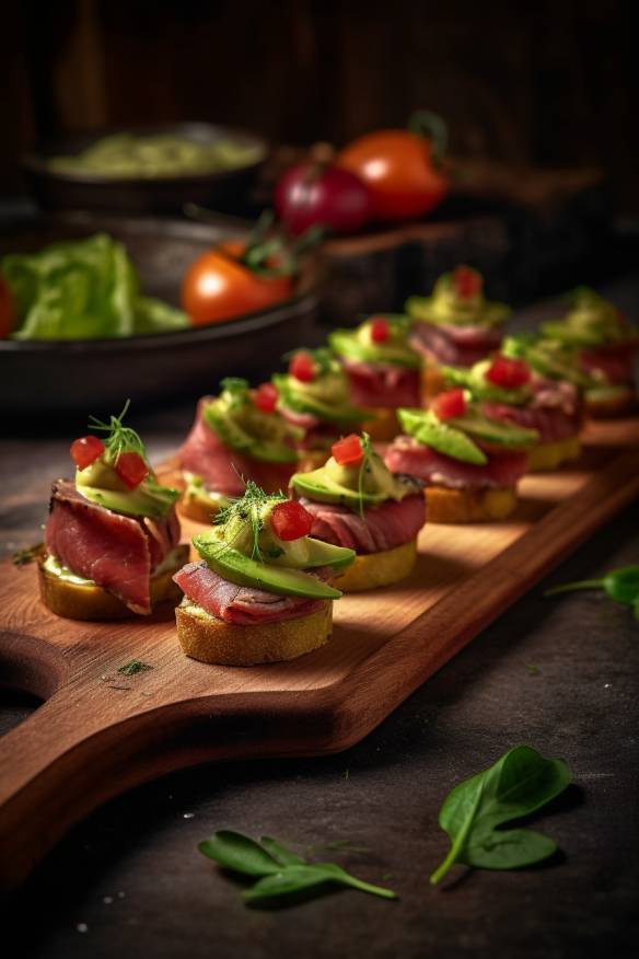 Roastbeef-Fingerfood mit Avocado-Creme auf einem Holzbrett serviert.