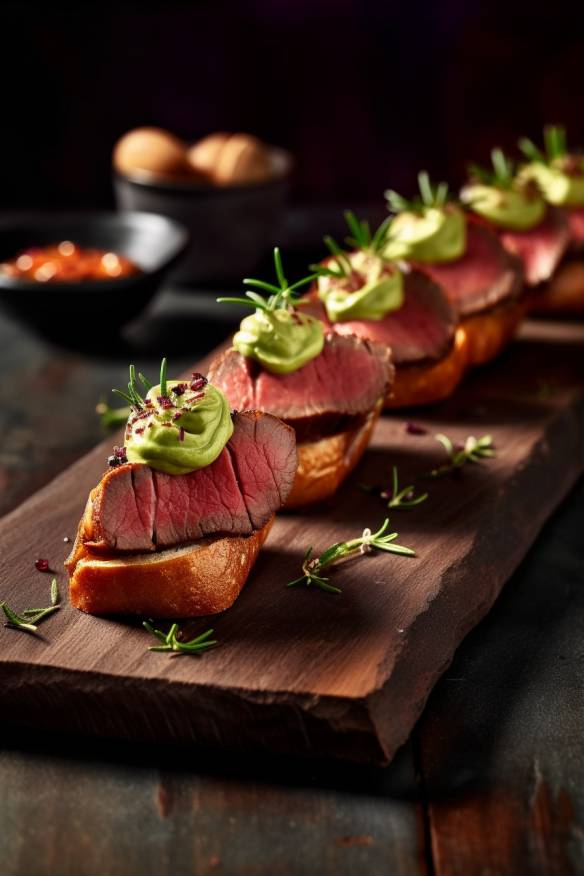 Roastbeef-Fingerfood mit Avocado-Creme auf einem Holzbrett serviert.