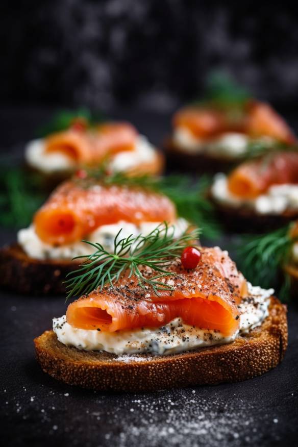 Lachs-Pumpernickel-Häppchen mit Frischkäse und Dill