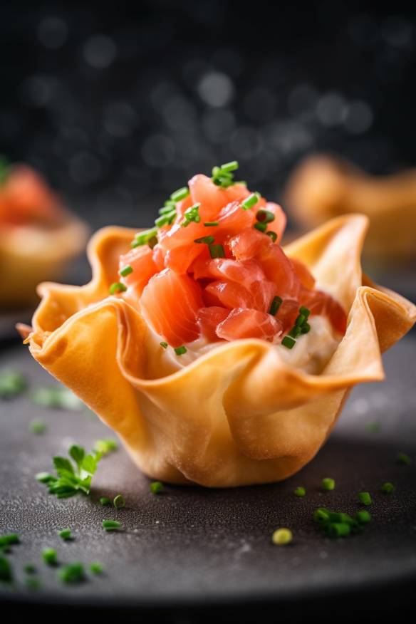 Lachs-Tartar im Wonton-Körbchen