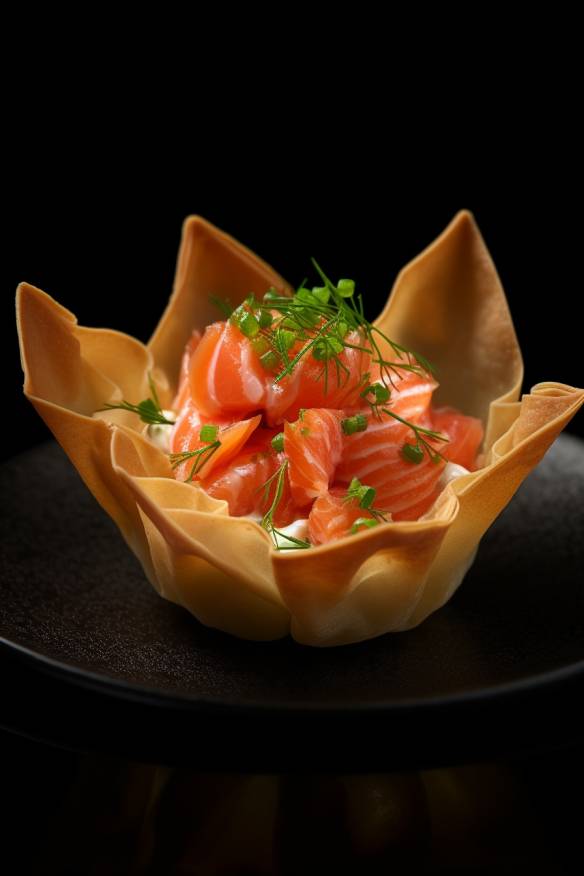 Lachs-Tartar im Wonton-Körbchen