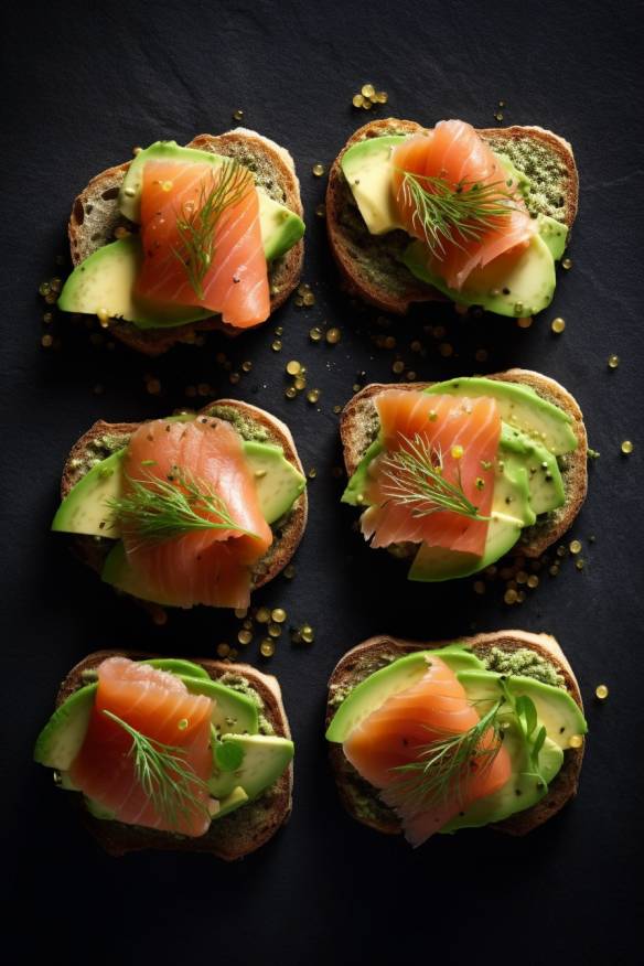 Lachs Avocado Canapés auf Baguette-Scheiben angerichtet