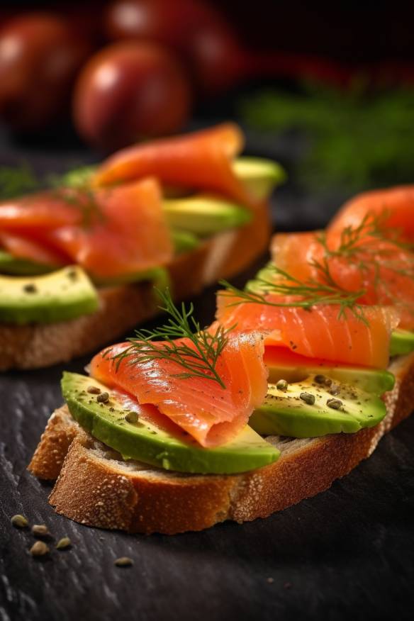 Lachs Avocado Canapés auf Baguette-Scheiben angerichtet