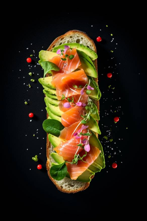 Lachs Avocado Canapés auf Baguette-Scheiben angerichtet