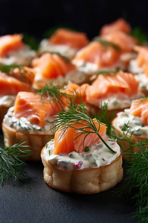 Lachshappen Fingerfood mit Frischkäse, Lachs und Dill.