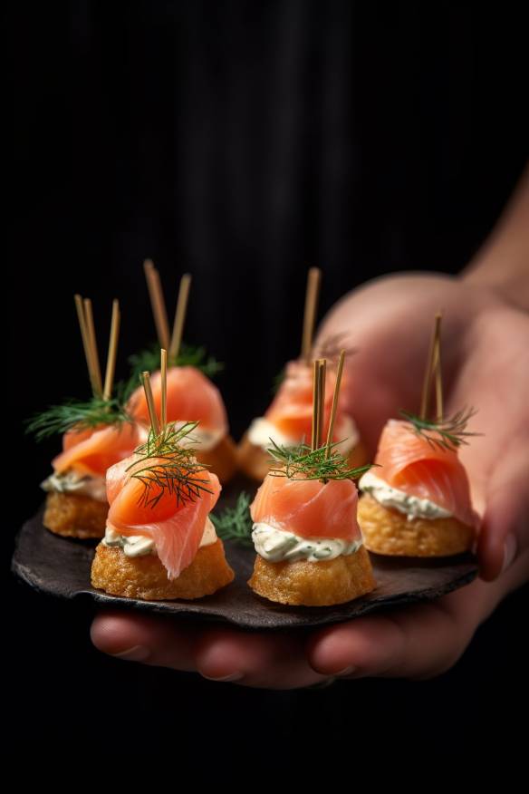 Lachshappen Fingerfood mit Frischkäse, Lachs und Dill.