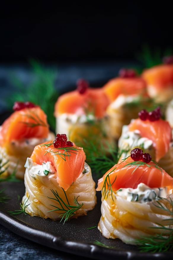 Lachshappen Fingerfood mit Frischkäse, Lachs und Dill.