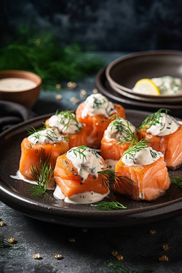 Lachs-Häppchen mit Frischkäsecreme auf einem Teller