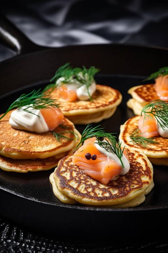 Lachs-Blinis mit Frischkäse und Dill.