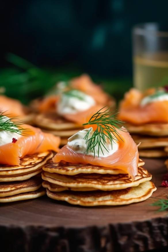 Lachs-Blinis mit Frischkäse und Dill.