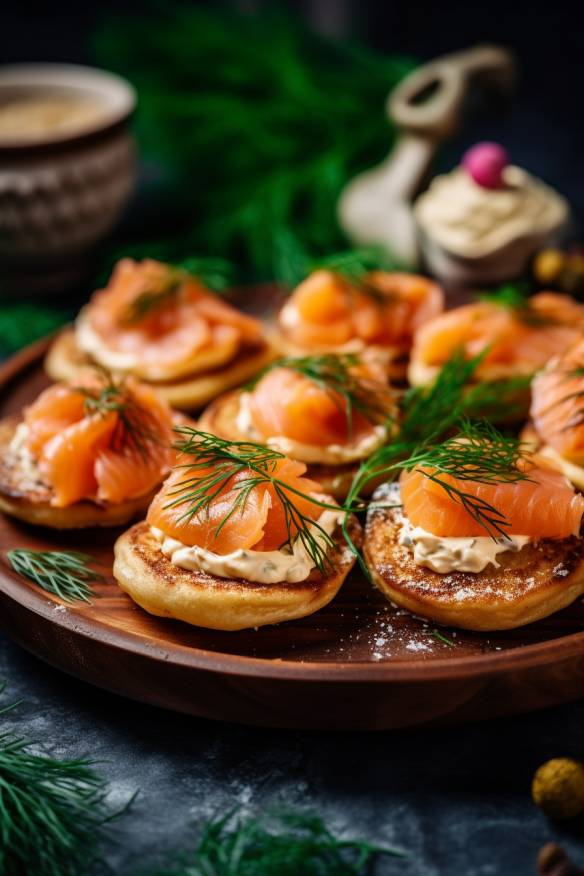 Lachs-Blinis mit Frischkäse und Dill.