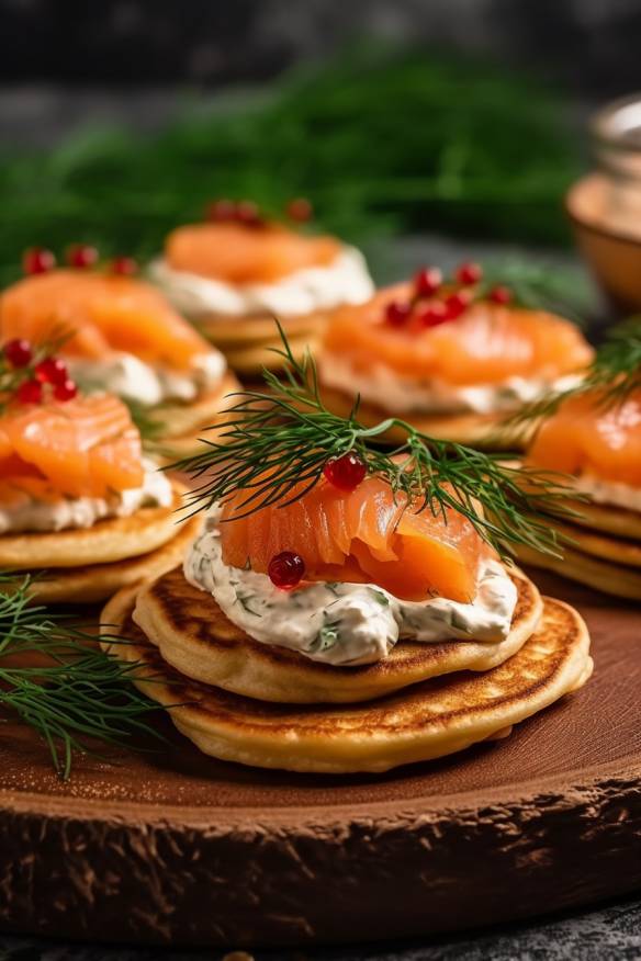 Lachs-Blinis mit Frischkäse und Dill.