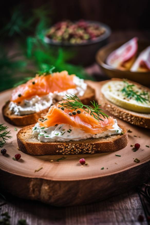 Lachs-Creme-Frischkäse Canapés auf einem Holzbrett serviert