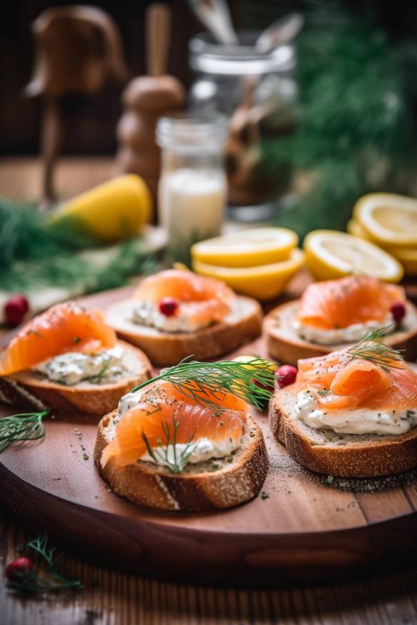 Lachs-Creme-Frischkäse Canapés auf einem Holzbrett serviert