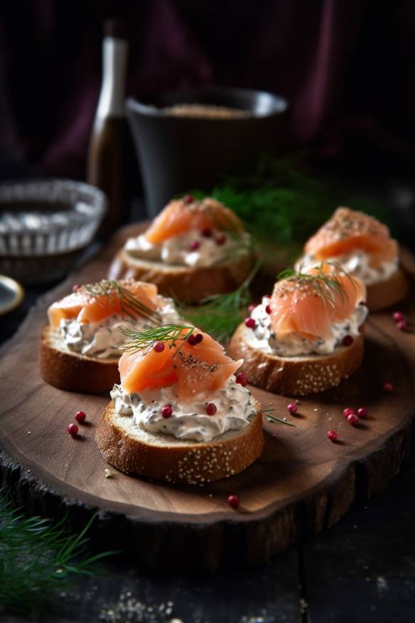 Lachs-Creme-Frischkäse Canapés auf einem Holzbrett serviert