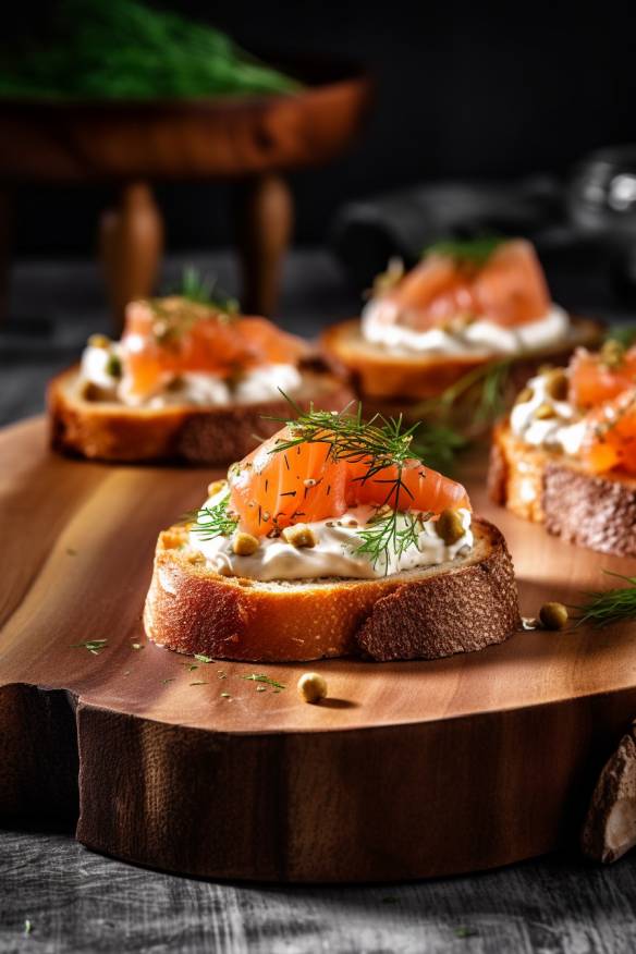 Lachs-Creme-Frischkäse Canapés auf einem Holzbrett serviert