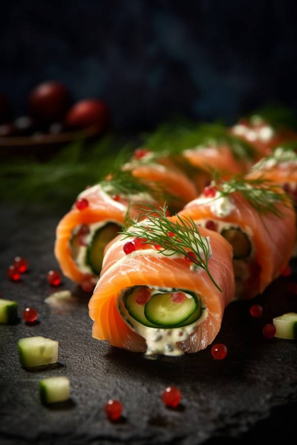 Lachs-Creme auf Gurken-Röllchen.