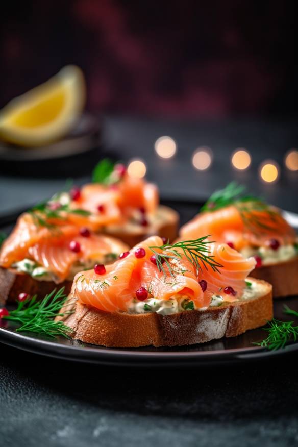 Lachs-Crostini als Häppchen auf einem Teller angerichtet