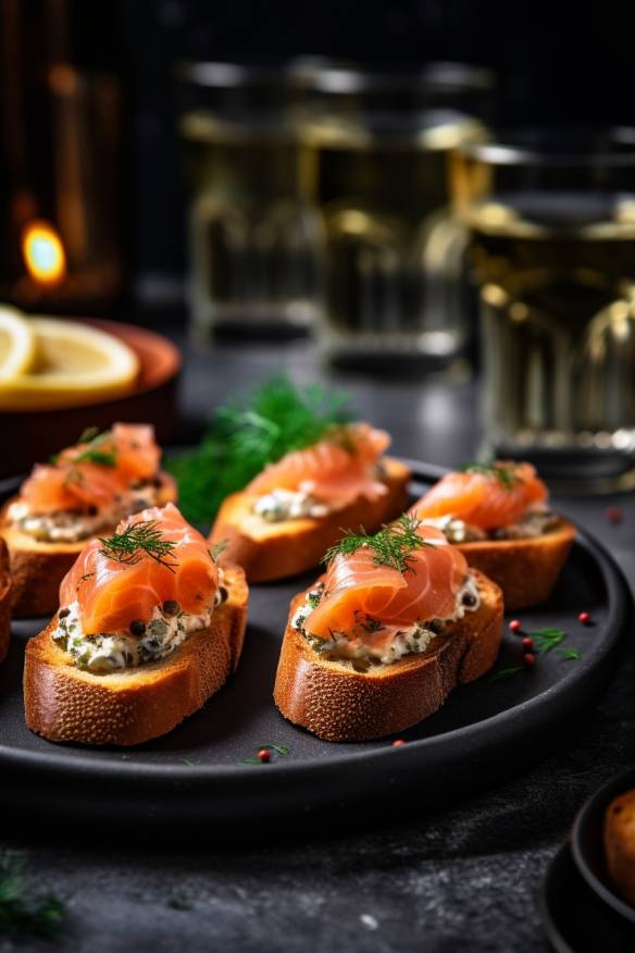 Lachs-Crostini als Häppchen auf einem Teller angerichtet