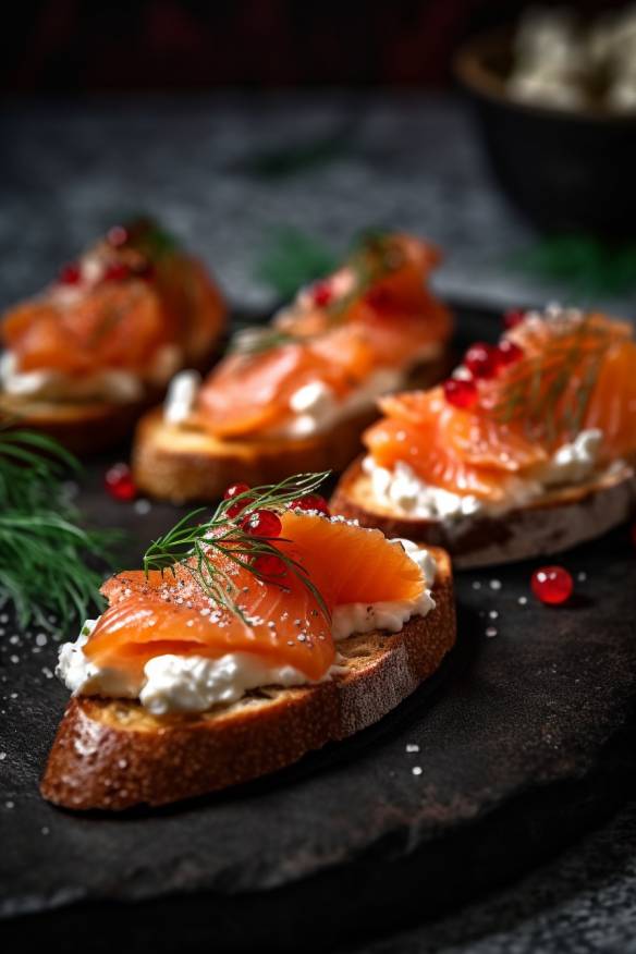 Lachs-Crostini als Häppchen auf einem Teller angerichtet