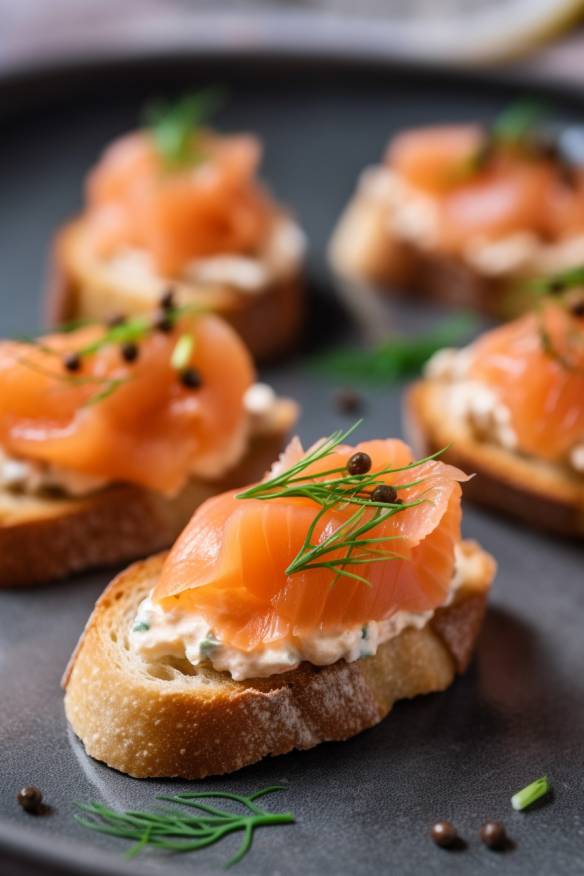 Lachs-Crostini als Häppchen auf einem Teller angerichtet